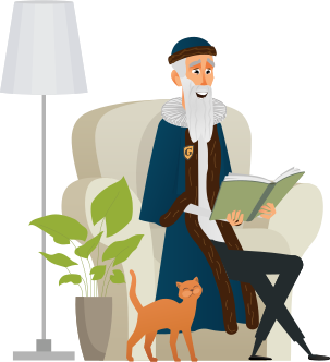 La mascotte Newtenberg est assise dans un fauteuil à côté d'une plante, tient un livre dans sa main et un chat est à côté de lui